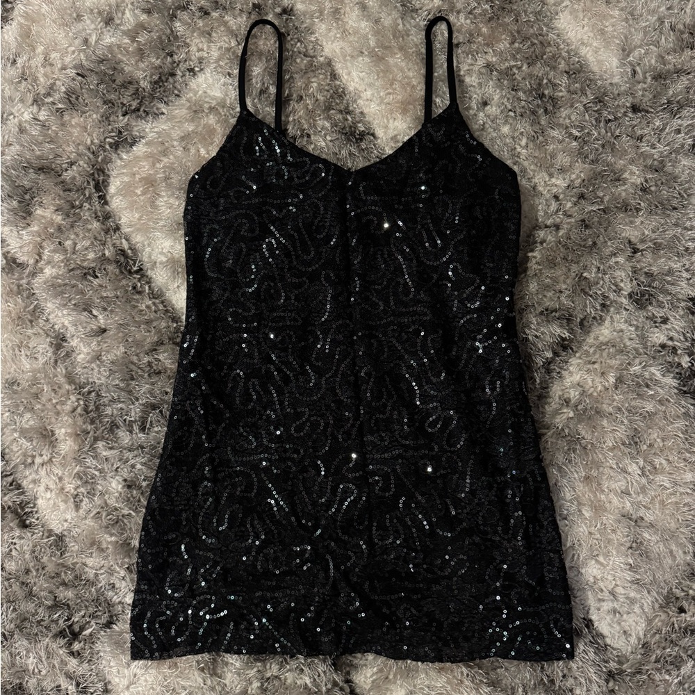 Black sequin Y2K Vanity fitted top with adjustable straps